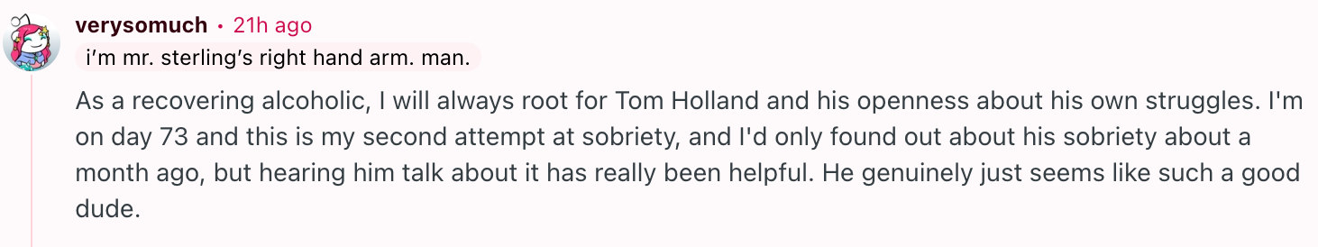 A person shares their admiration for Tom Holland, noting his openness about struggles with alcohol and how it inspires their own sobriety journey