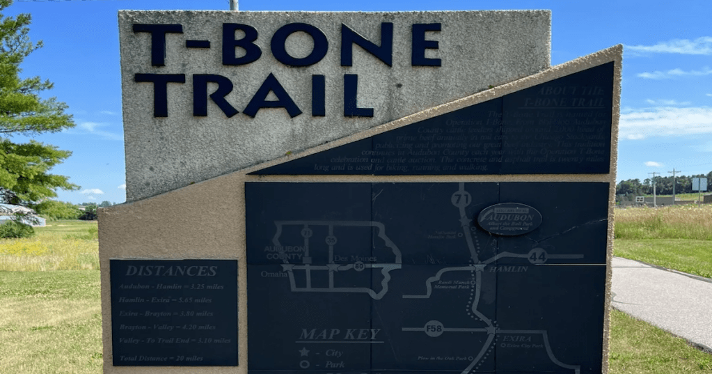 The T-Bone Trail is a strangely named hiking trail in Iowa near Audubon, Iowa that covers 21 mile through rural scenery.