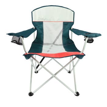 Folding outdoor chair with armrests and mesh back, suitable for camping or beach outings. Features cup holder