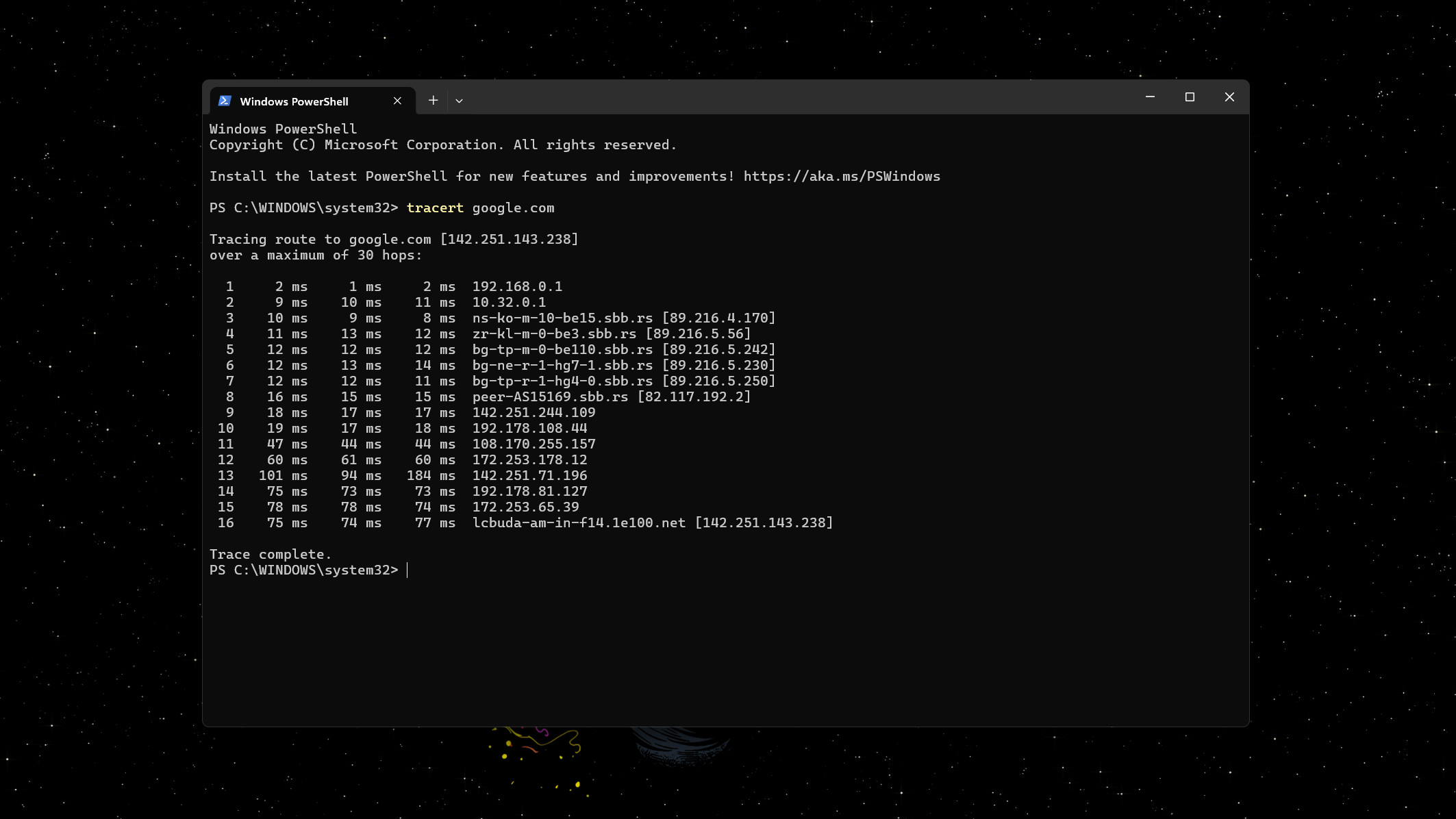 Running tracert in PowerShell.