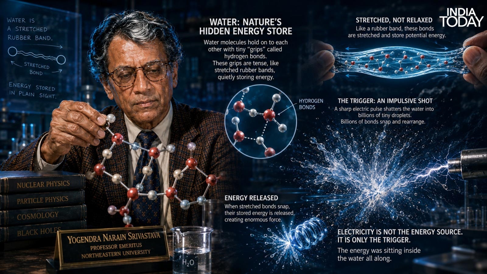 The theory in one frame: hydrogen bonds in water act like stretched rubber bands storing energy, and a sharp electric pulse snaps them, releasing it. In Srivastava's telling, electricity is only the trigger. (AI-generated illustration: Radifah Kabir/India Today)