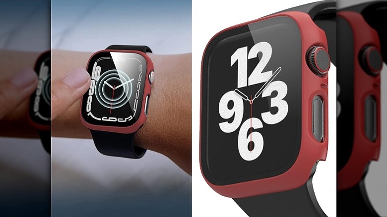 Red and black case encasing an Apple Watch in two different pictures.