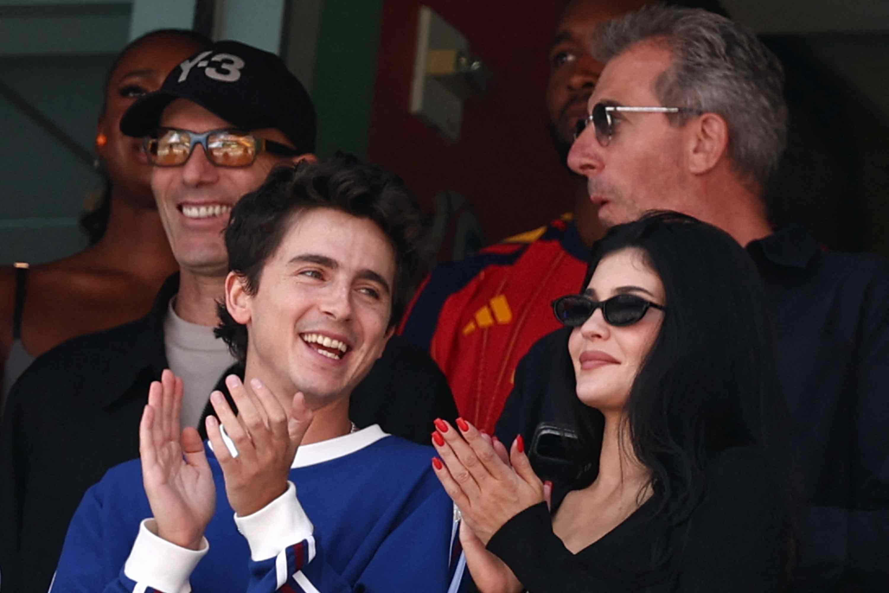 Timothee Chalamet and Kylie Jenner attend the 2026 World Cup football tournament final match between Spain and Argentina in East Rutherford on July 19, 2026.