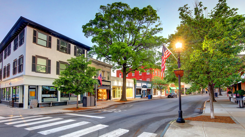 View of downtown Rye, New York at dusk with Victorian style streetlight, an American flag, and historic buildings