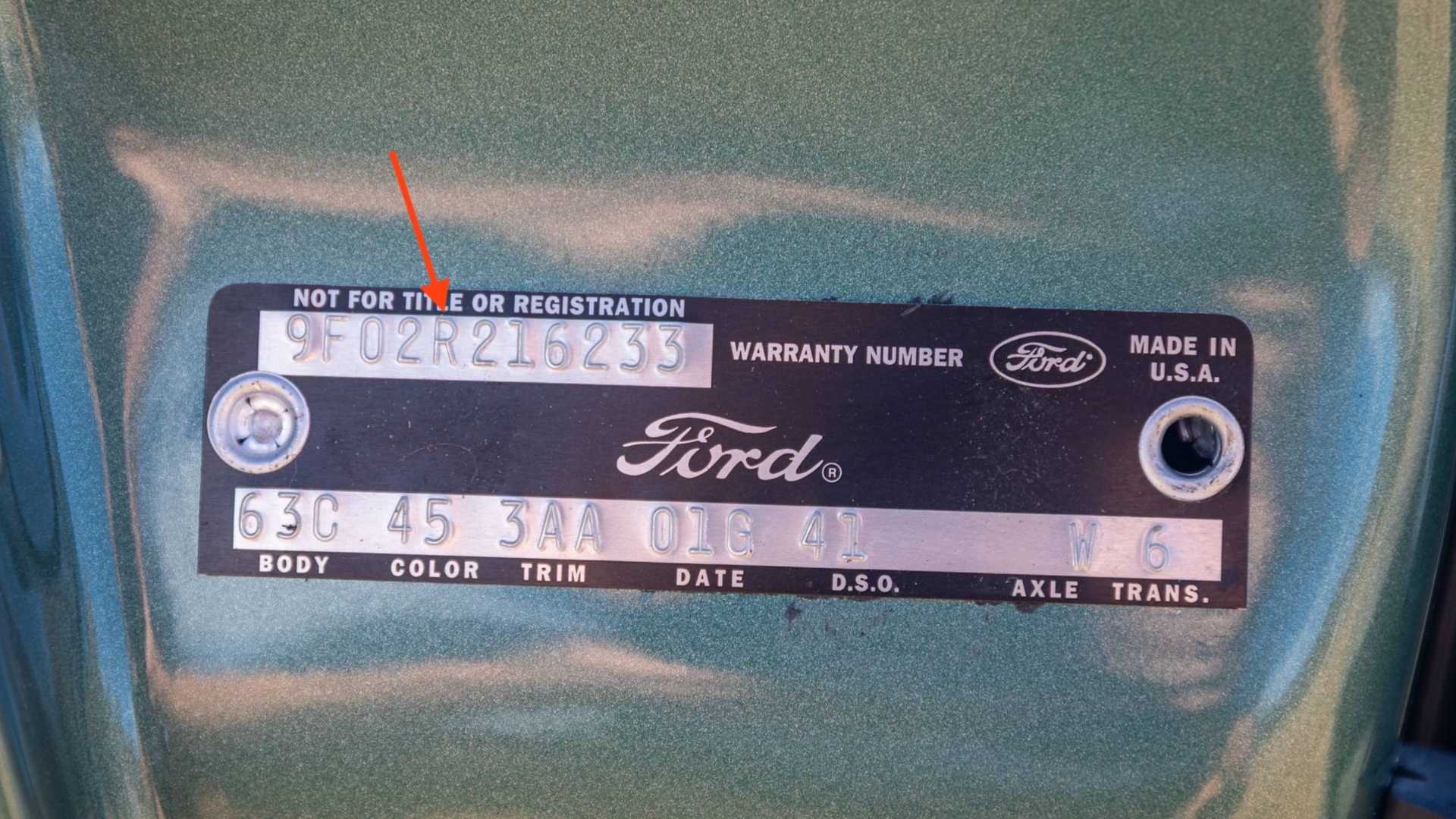 Door tag of 1969 Ford Mustang Mach 1