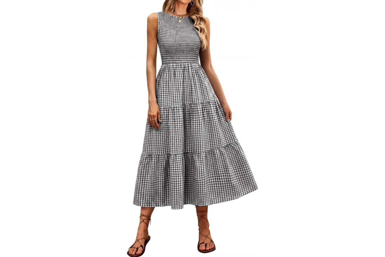 ANRABESS Women's Summer Casual Maxi Dress Sleeveless Crewneck Smocked 2026 Flowy Plaid Tiered Boho A Line Beach Long Sundress