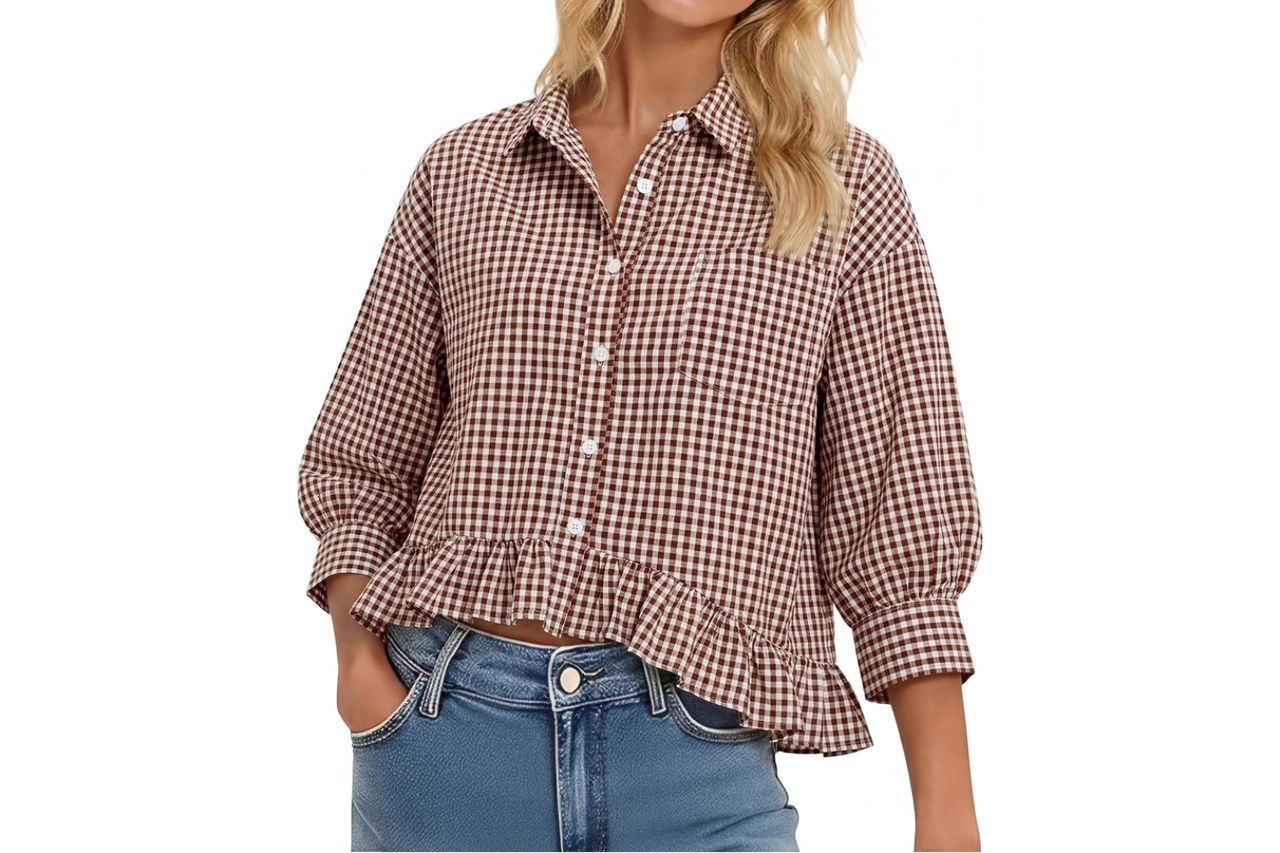 LOMON Womens 3/4 Sleeve Button Down Tops Dressy Casual Collared Shirts Blouses Ruffle Babydoll Tops Loose Fit