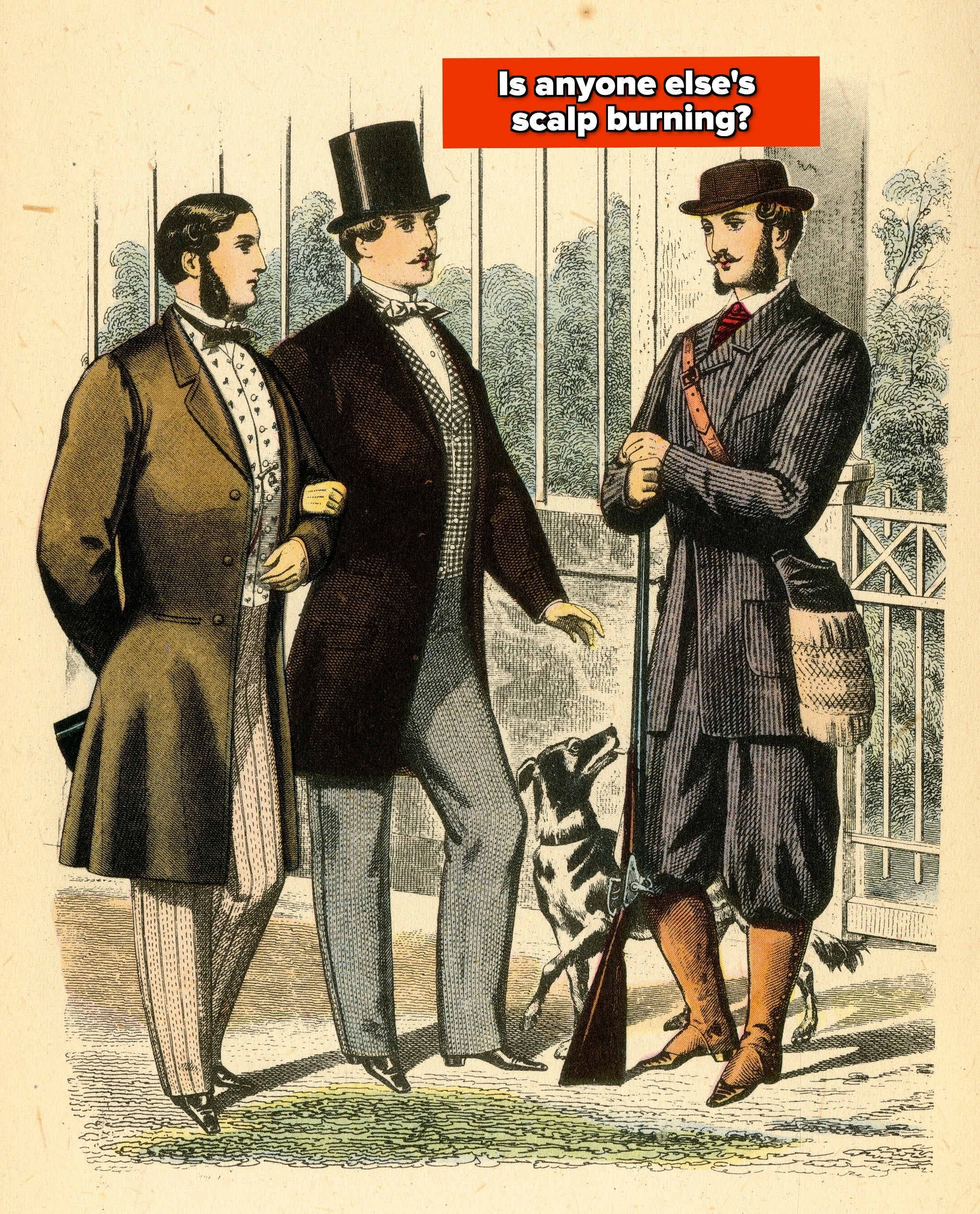 Three men in 19th-century attire converse outdoors; one holds a rifle with a hunting dog by his side