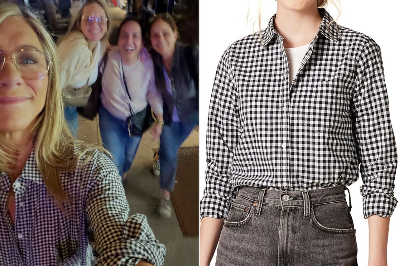 Jennifer Aniston, Amazon Essentials Women's Regular-Fit Long-Sleeve Button-Down Poplin Shirt