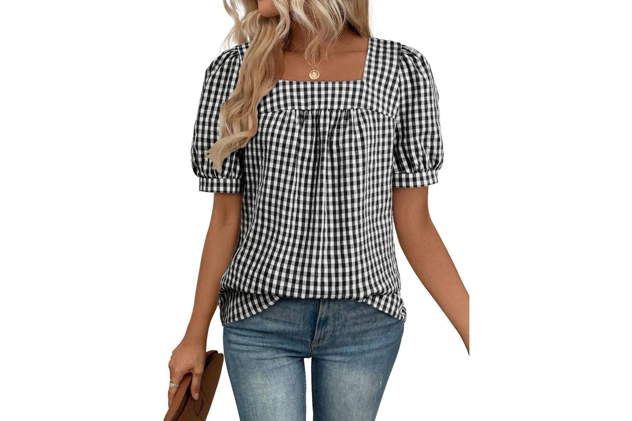EVALESS Tops for Women Short Sleeve Tunic Blouse Square Neck Gingham Tops Cotton Blend Plaid Shirt Cute Checkered Shirt