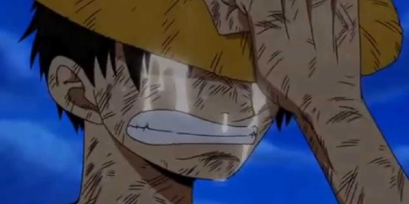 Monkey D. Luffy cries after fighting Usopp during One Piece's Water 7 arc.