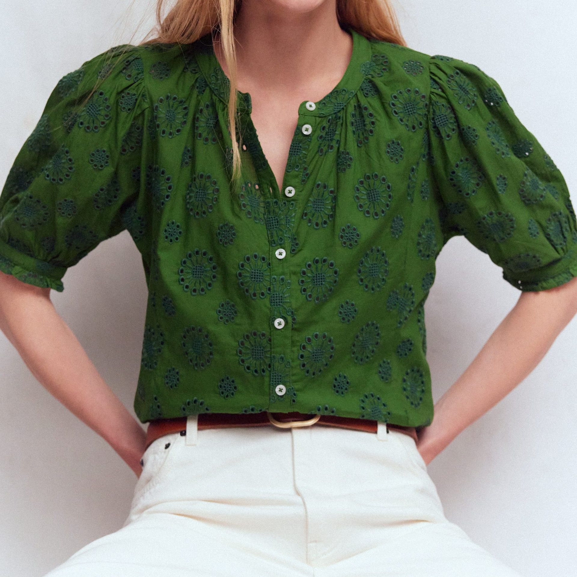 Camille Embroidered Cotton Top-Promenade Green Broderie