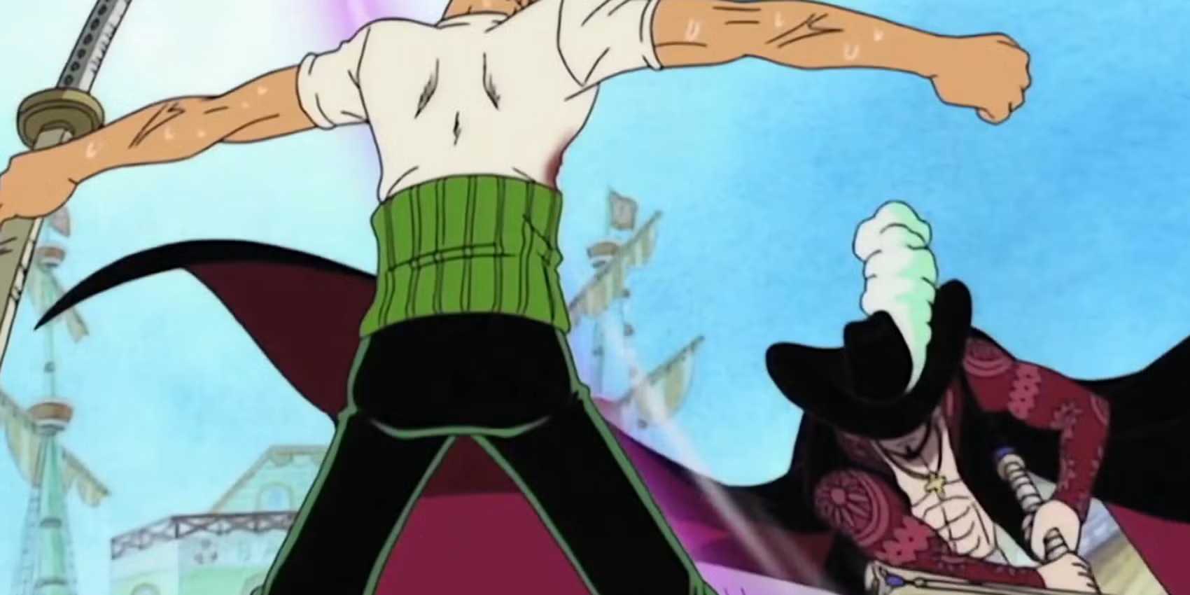 Warlord of the Sea Dracule Mihawk slashes Straw Hat Pirate Roronoa Zoro with his sword during the Baratie arc in the One Piece anime.