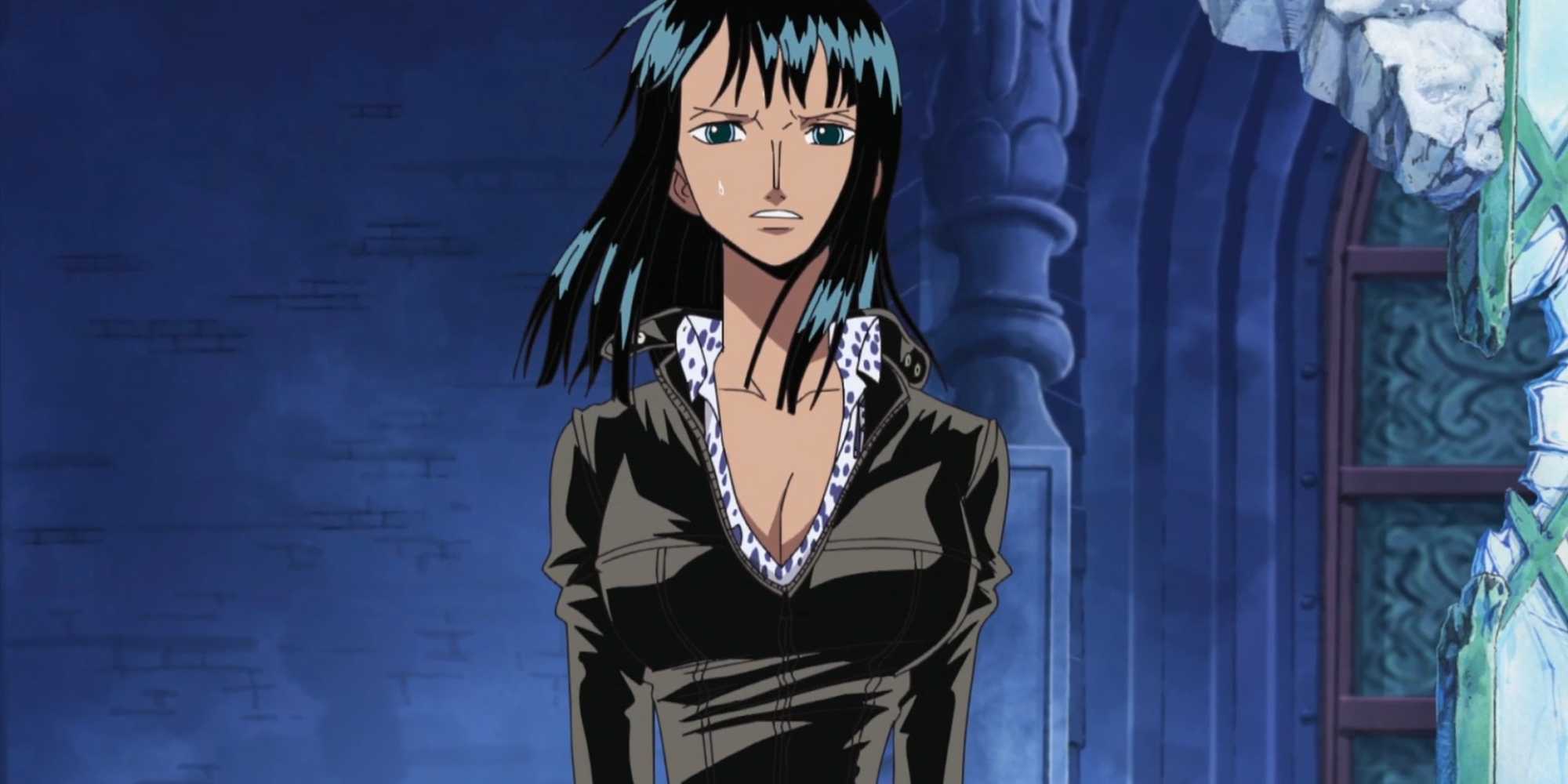 Nico Robin looks worried during the events of One Piece's Enies Lobby arc.