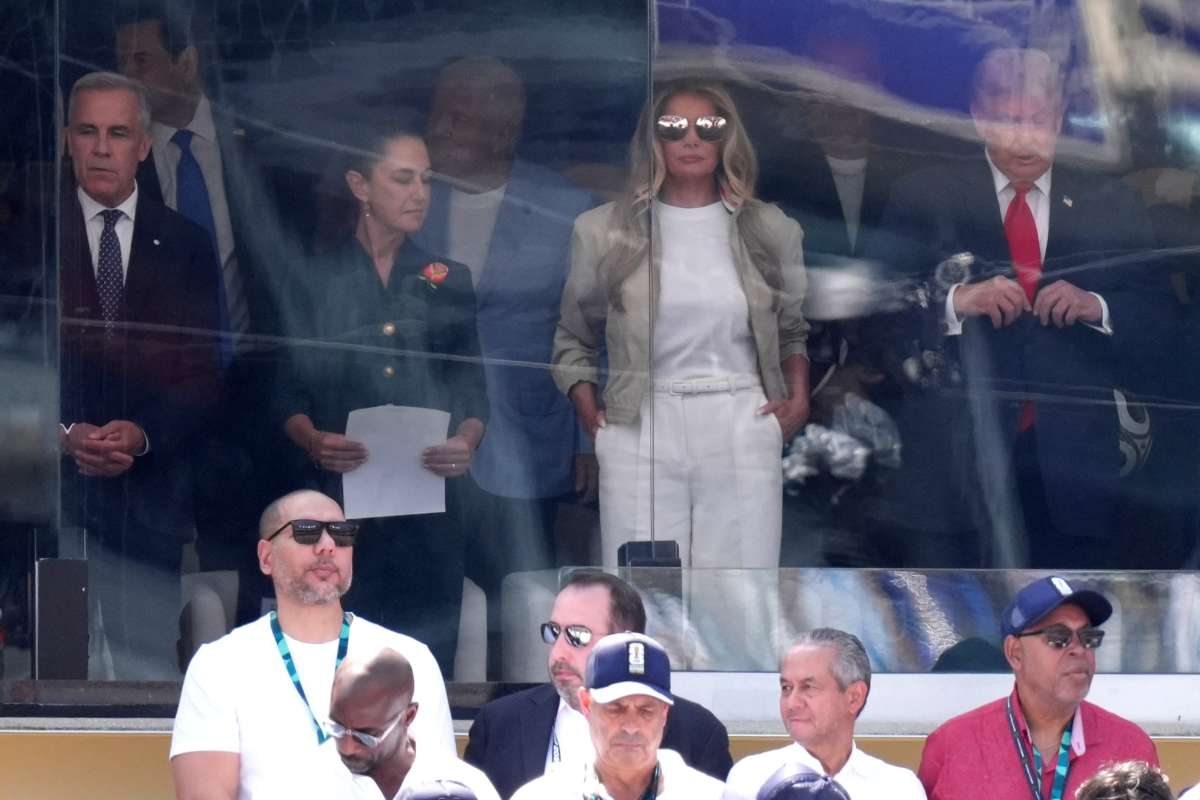 Canada's Prime Minister Mark Carney, from left, Mexico's President Claudia Sheinbaum, first lady Melania Trump and President Donald Trump attend the World Cup championship final soccer match between Spain and Argentina in East Rutherford, N.J., Sunday, July 19, 2026. (AP Photo/Jacquelyn Martin)