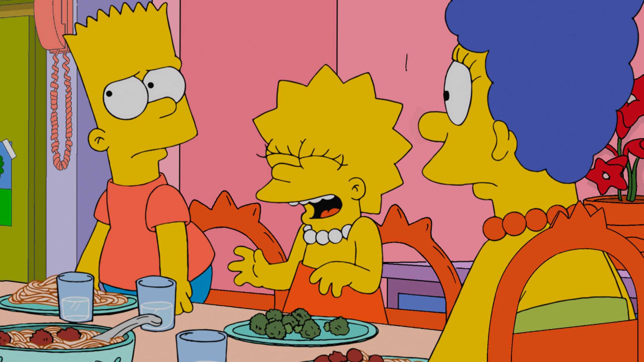 Lisa laughing while Bart and Marge look serious in The Simpsons