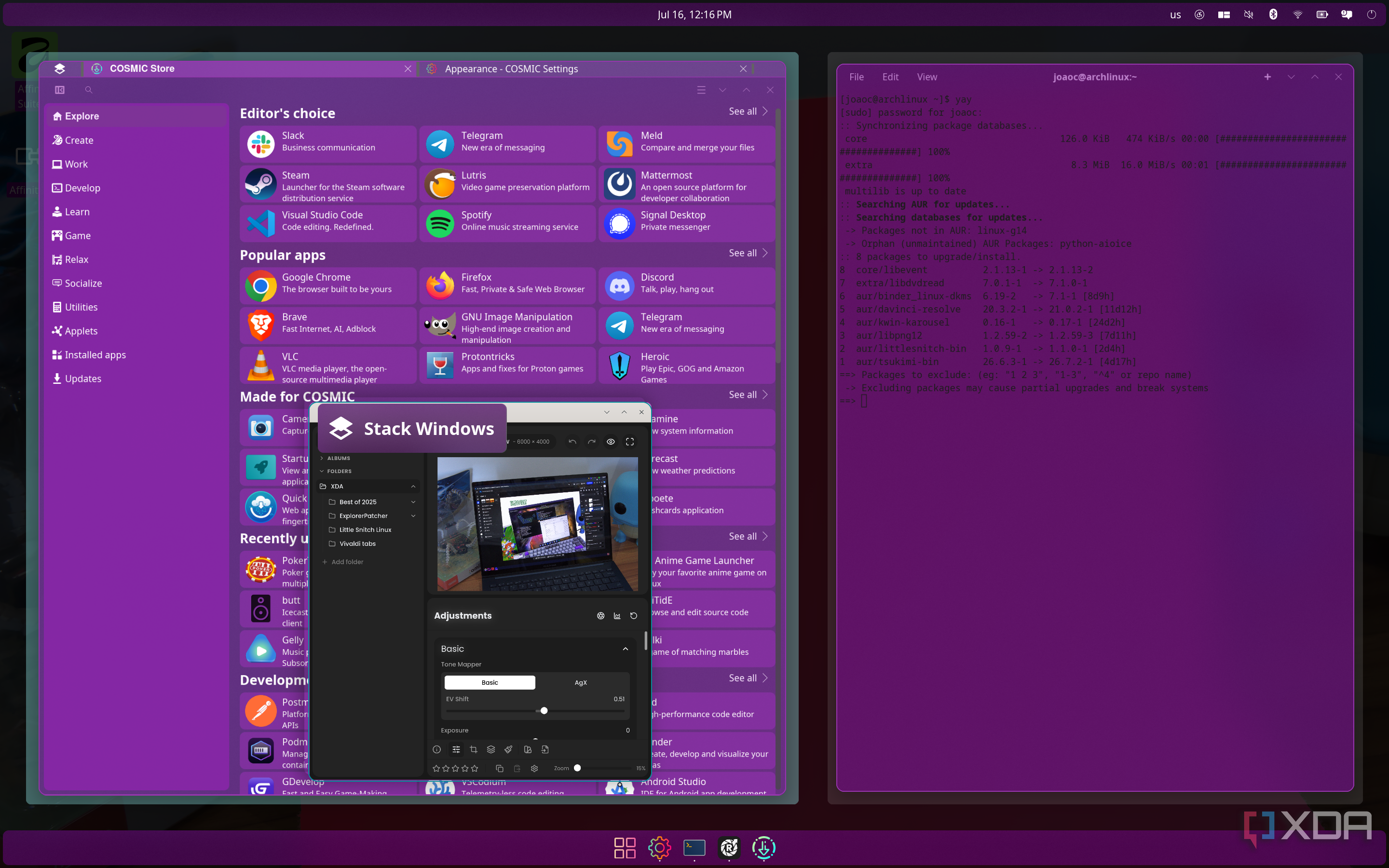 Screenshot of COSMIC desktop showing the option to stack windows in a tiled layout