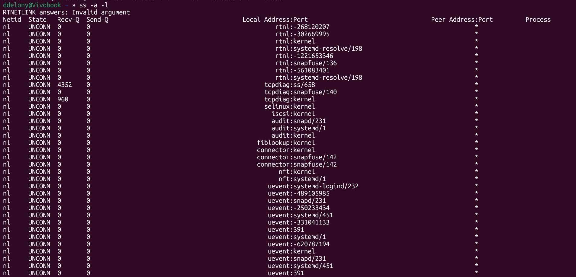 Output of ss -a -l in the Linux terminal showing active listening sockets.
