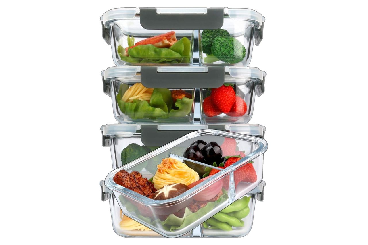 M MCIRCO [5-Pack,36 Oz] Glass Meal Prep Containers 2 Compartments Portion Control with Upgraded Snap Locking Lids Glass Food Storage Containers, Microwave, Oven, Freezer and Dishwasher (4.5 Cups)