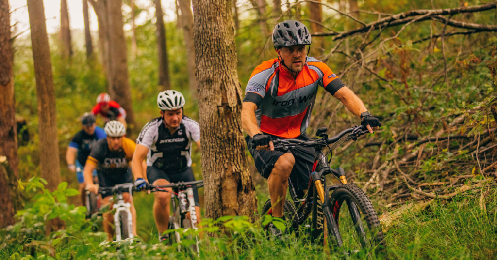 Group of mountain bikers in Fish River Park in Dobson, North Carolina