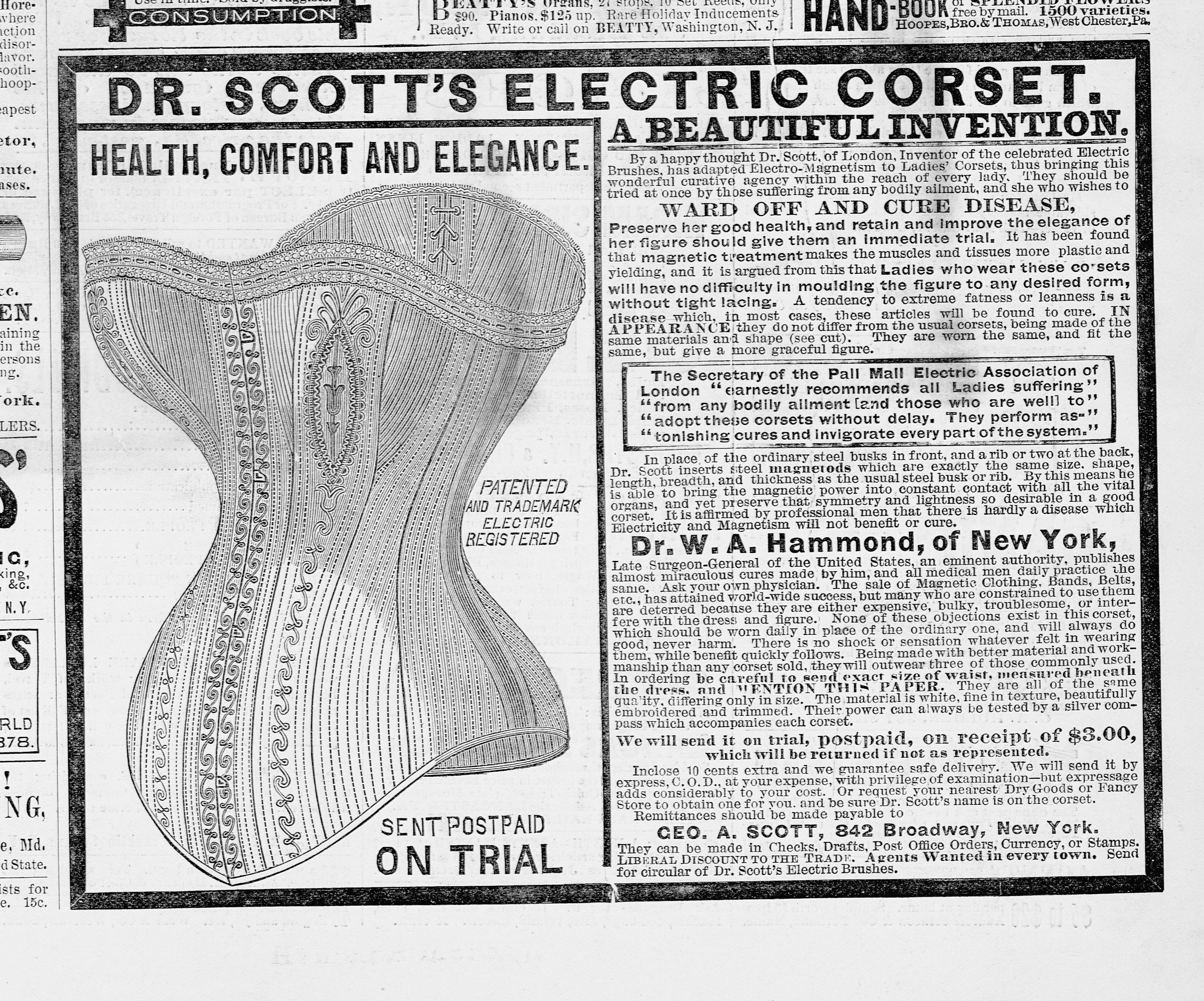 Vintage ad for Dr. Scott's Electric Corset promotes health benefits and comfort, claiming to ward off diseases and provide elegance