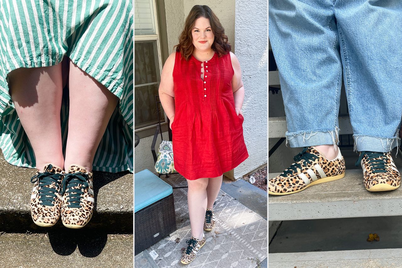 Three images of different individuals wearing leopardprint sneakers styled with various outfits