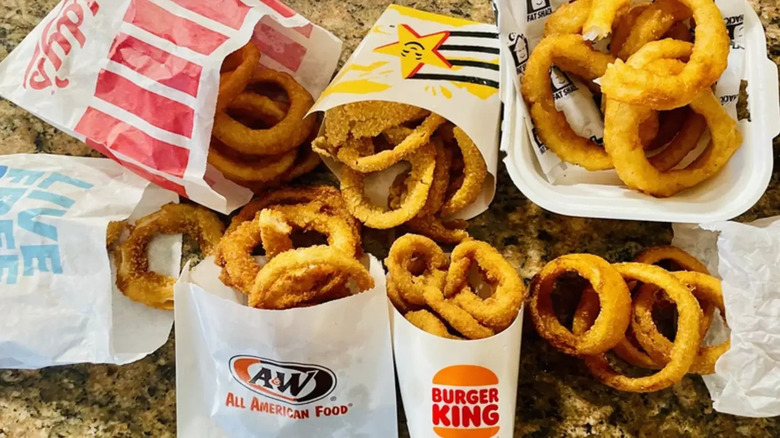 Crispy battered onion rings from seven restaurants in a circle