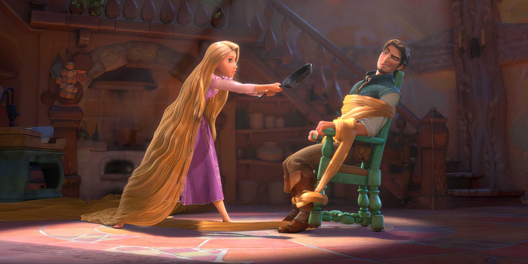 Rapunzel threatens Flynn with her hair and a frying pan in Tangled.