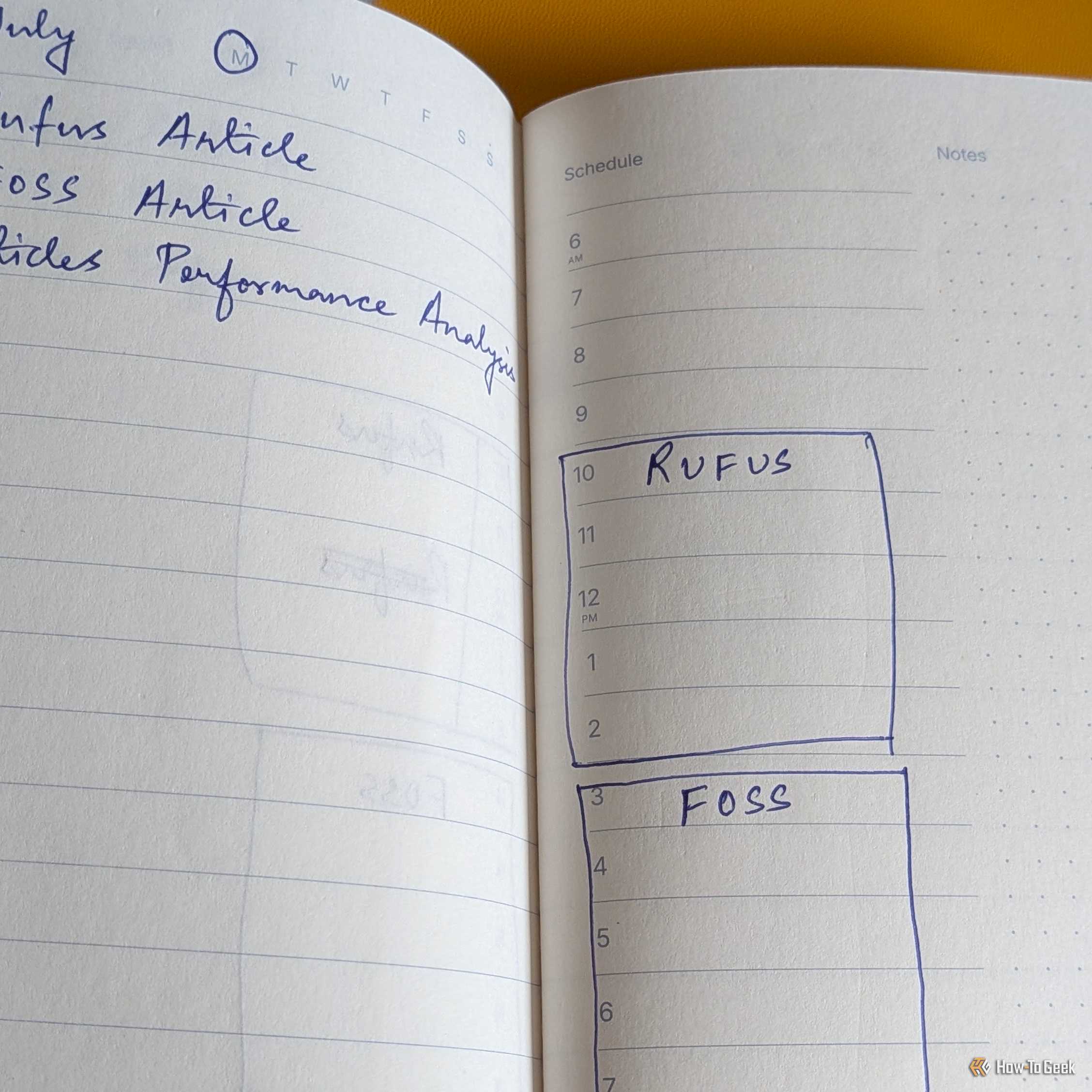 Tasknote schedule page with Rufus and Foss article time blocks above a daily task checklist.