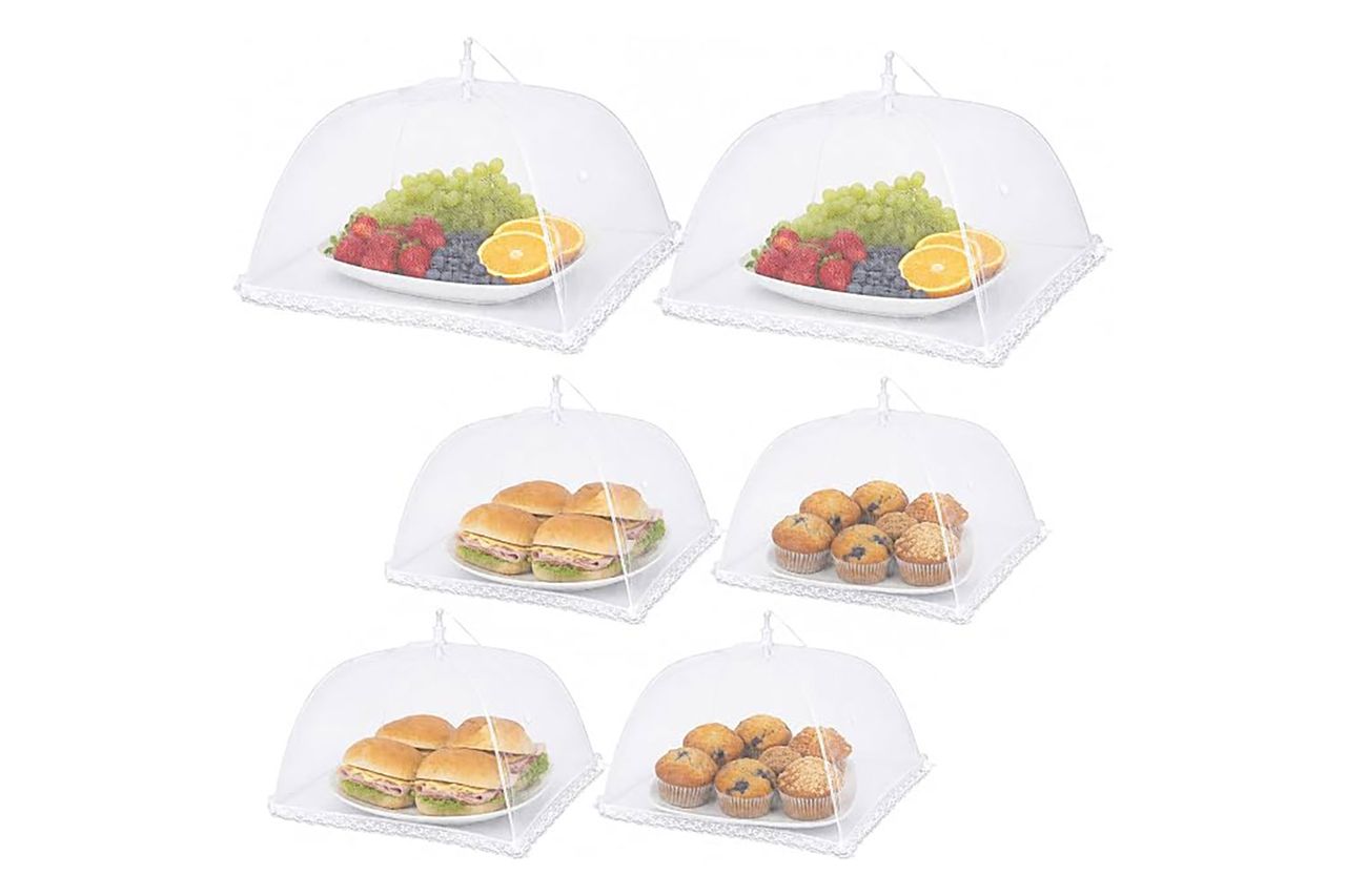 Mesh food covers protecting various dishes including sandwiches muffins and fruit platters