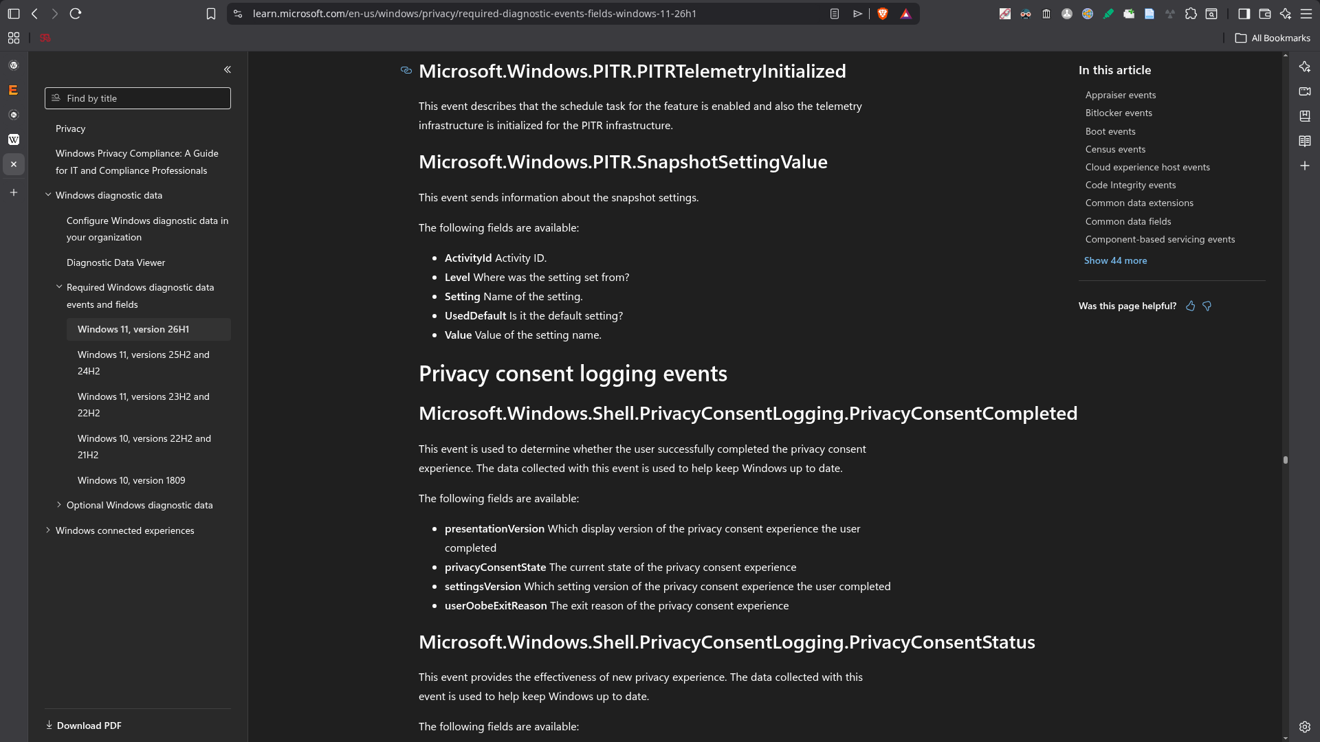A web browser displays a Microsoft Learn page listing required Windows 11 diagnostic data events and the fields they collect.