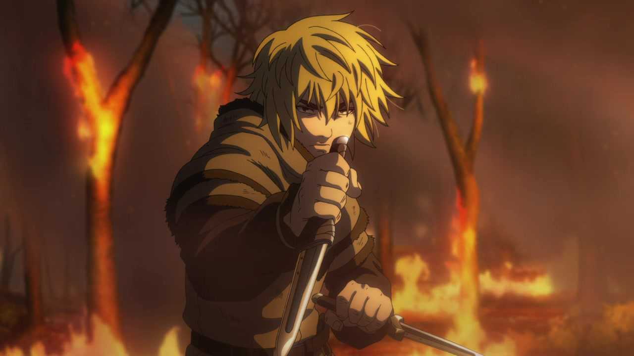 Thorfinn wielding two daggers in a burning forest in Vinland Saga
