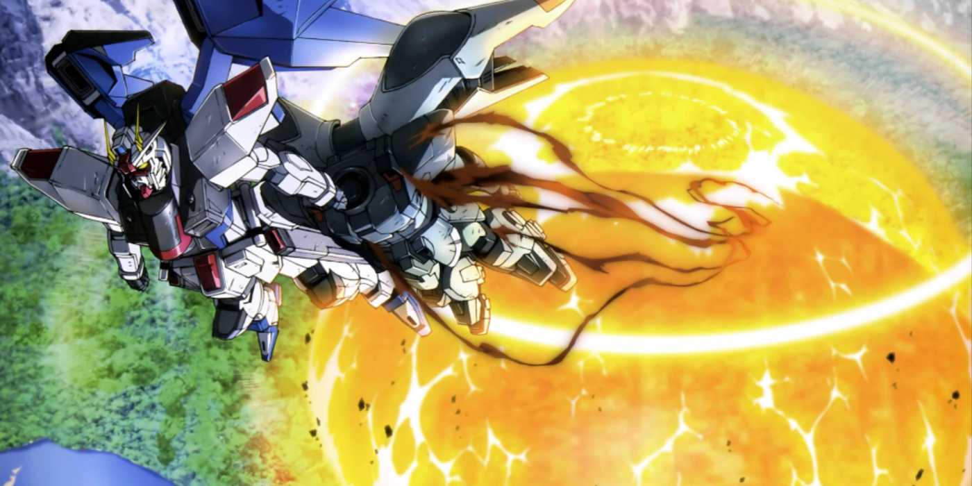 Kira's Freedom Gundam destroys land in Mobile Suit Gundam SEED Destiny.