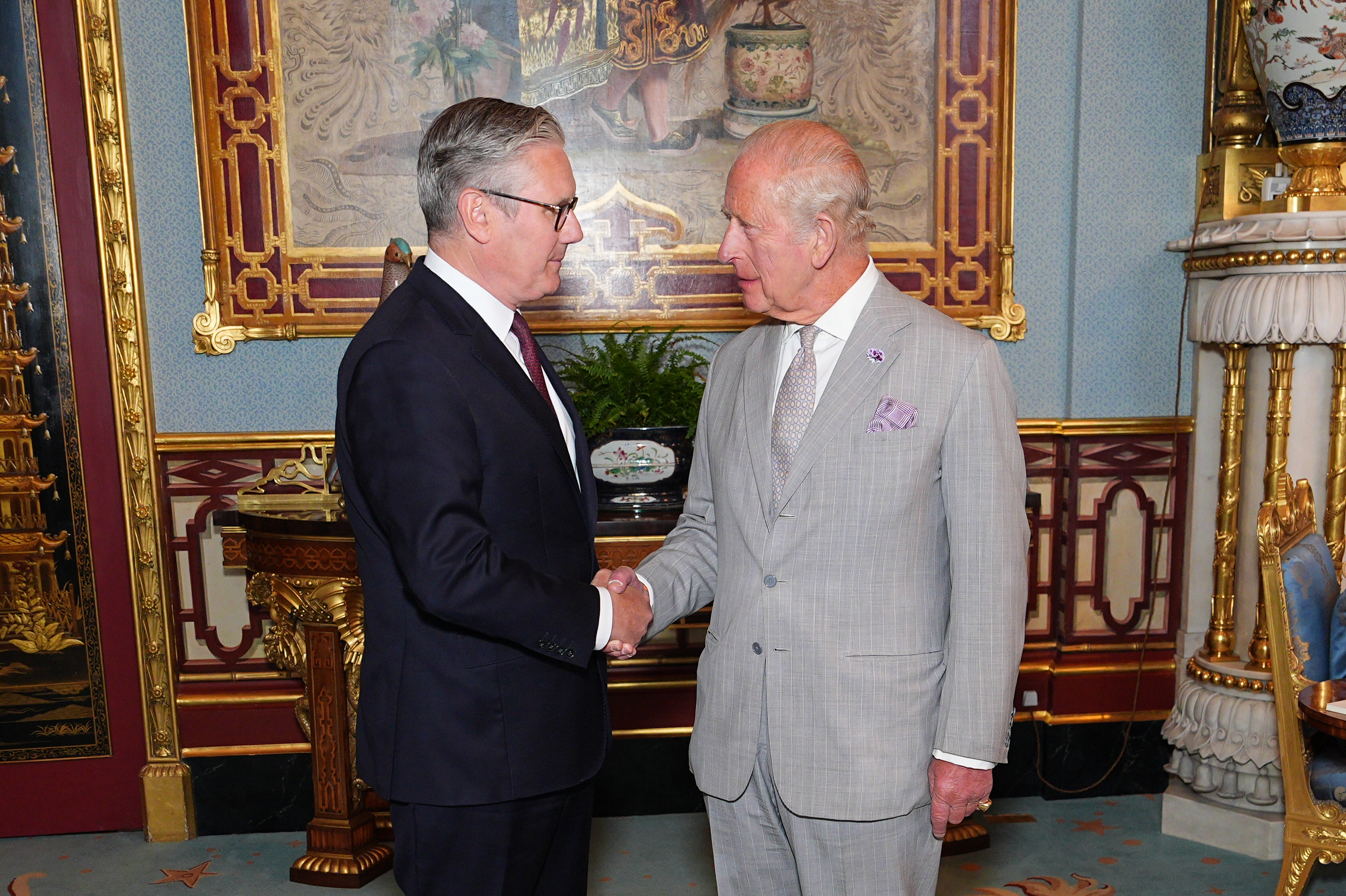 King Charles III welcomes outgoing Prime Minister Sir Keir Starmer, during an audience at Buckingham Palace (Getty)