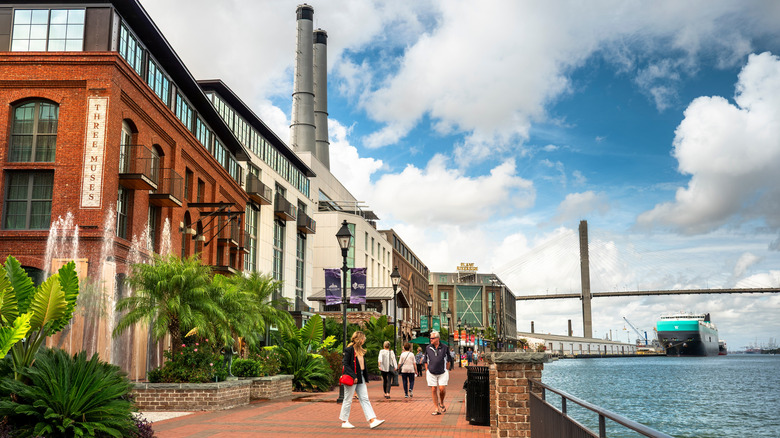 People walking in Georgia's Savannah Riverfront District