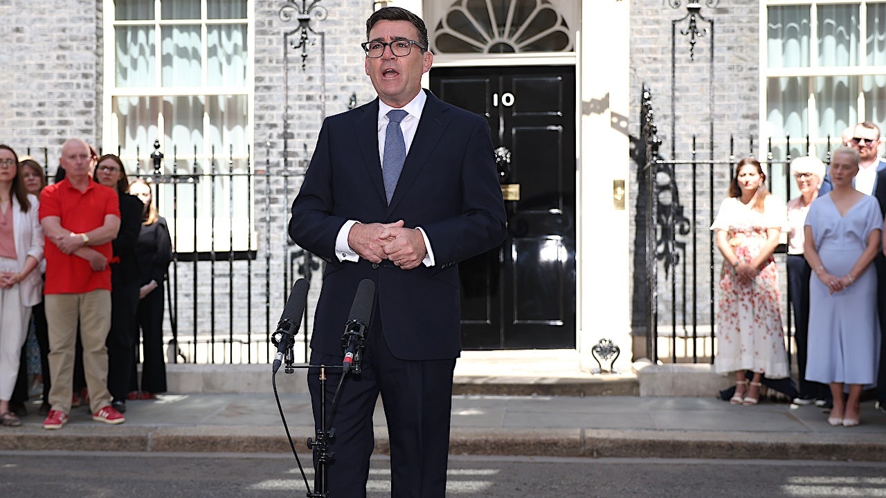 Andy Burnham delivers his inaugural speech as UK's new Prime Minister on on July 20, 2026 in London, England. The Member of Parliament for Makerfield becomes the UK's 59th Prime Minister, succeeding Sir Keir Starmer, who resigned as leader of the Labour Party and Prime Minister in June. (Photo by Dan Kitwood/Getty Images)