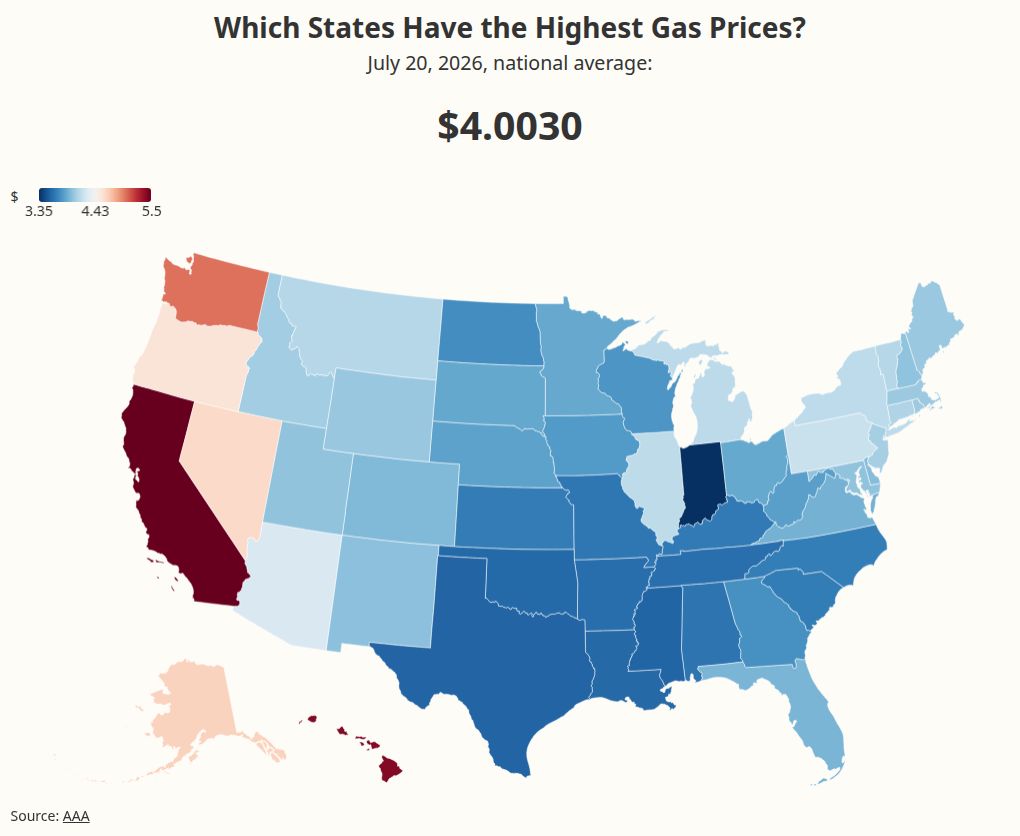Map Shows Gas Price in Each State As Average Passes $4