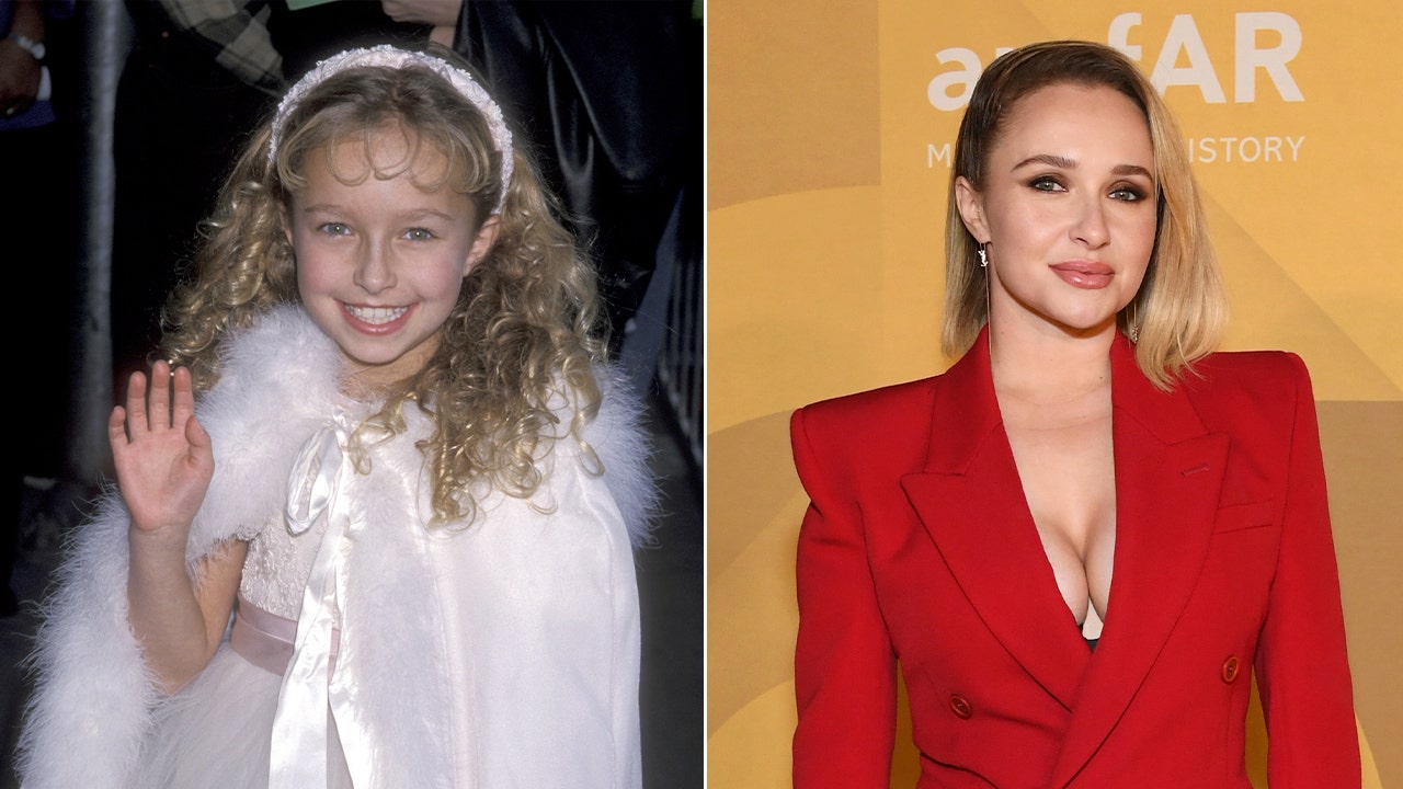 Side by side of Hayden Panettiere as a child and her now from a red carpet.