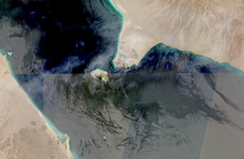 A satellite imagery shows Bab el Mandeb Strait, a key shipping waterway and the gateway to the Red Sea, as Iran threatens using Yemen's Houthi allies to shut the Bab el-Mandeb gateway to the Red Sea, in this handout picture dated July 12, 2026. (credit: NASA Worldview/Handout via REUTERS)