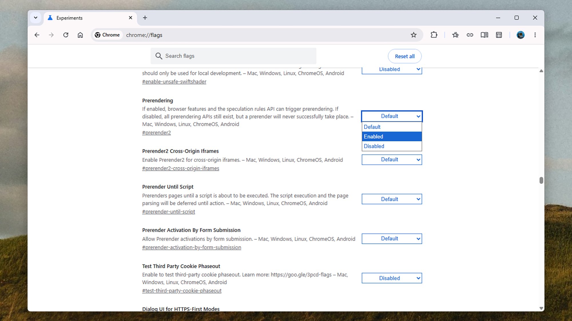 You can find prerendering on the Chrome flags page.
