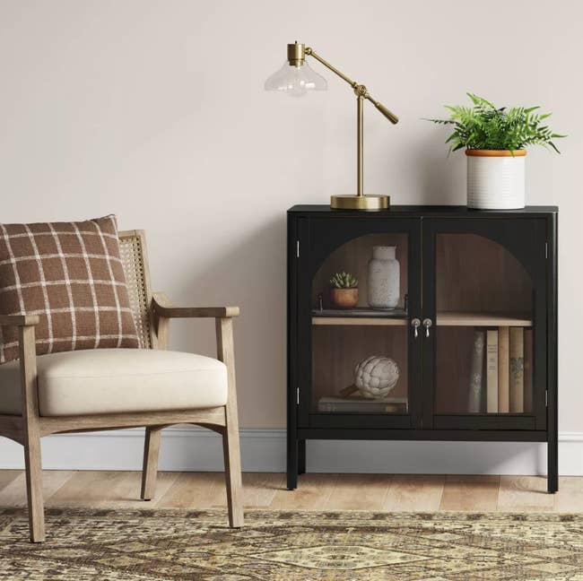 Stylish room with wooden chair, patterned cushion, black cabinet with glass doors, potted plant, and sleek gold desk lamp