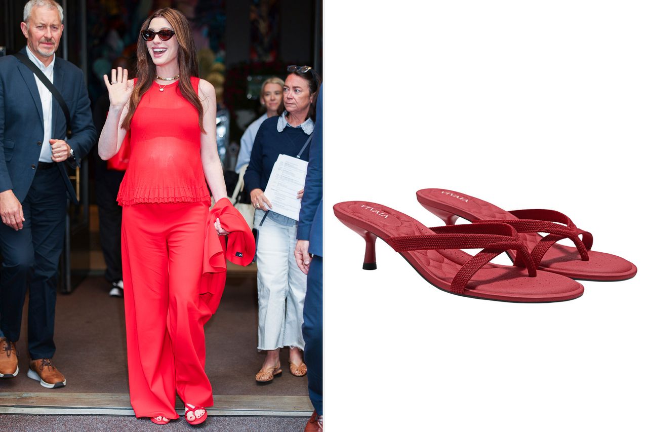 An individual in red attire waving with a pair of red heeled sandals shown beside