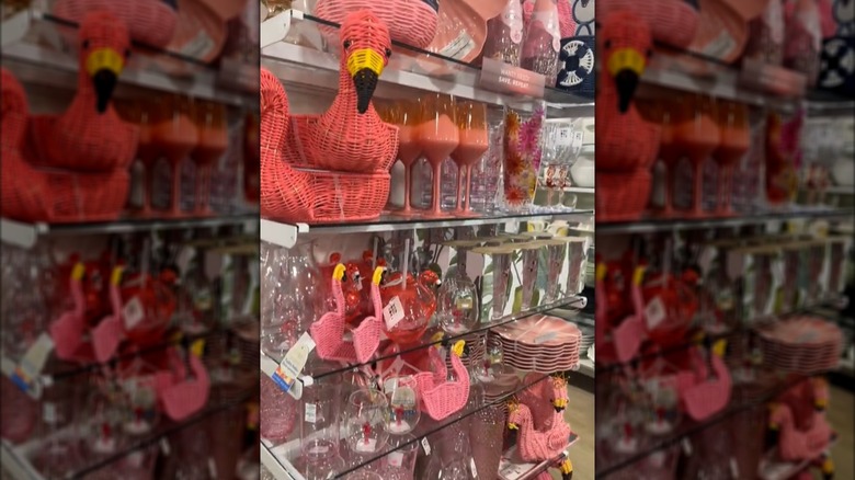 Display of flamingo-themed goods on HomeGoods shelves