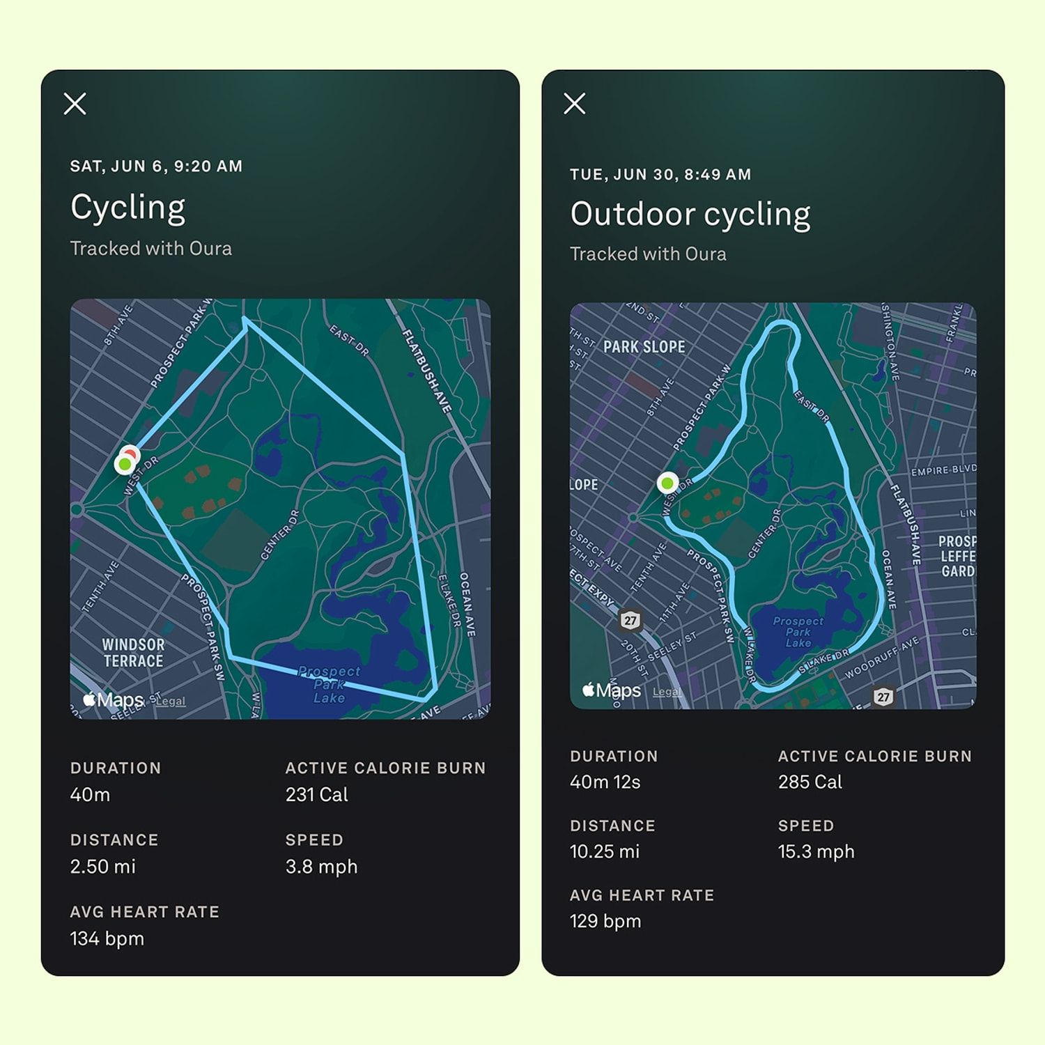A picture of the writer’s cycling data taken from the Oura Ring 5, comparing a manually logged workout and an automatically detected one. (Oura)