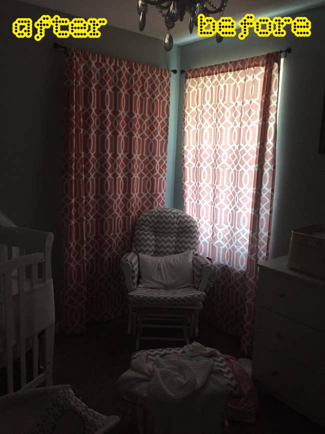 A dimly lit nursery with patterned curtains, an empty crib, and a cushioned rocking chair, featuring soft furnishings