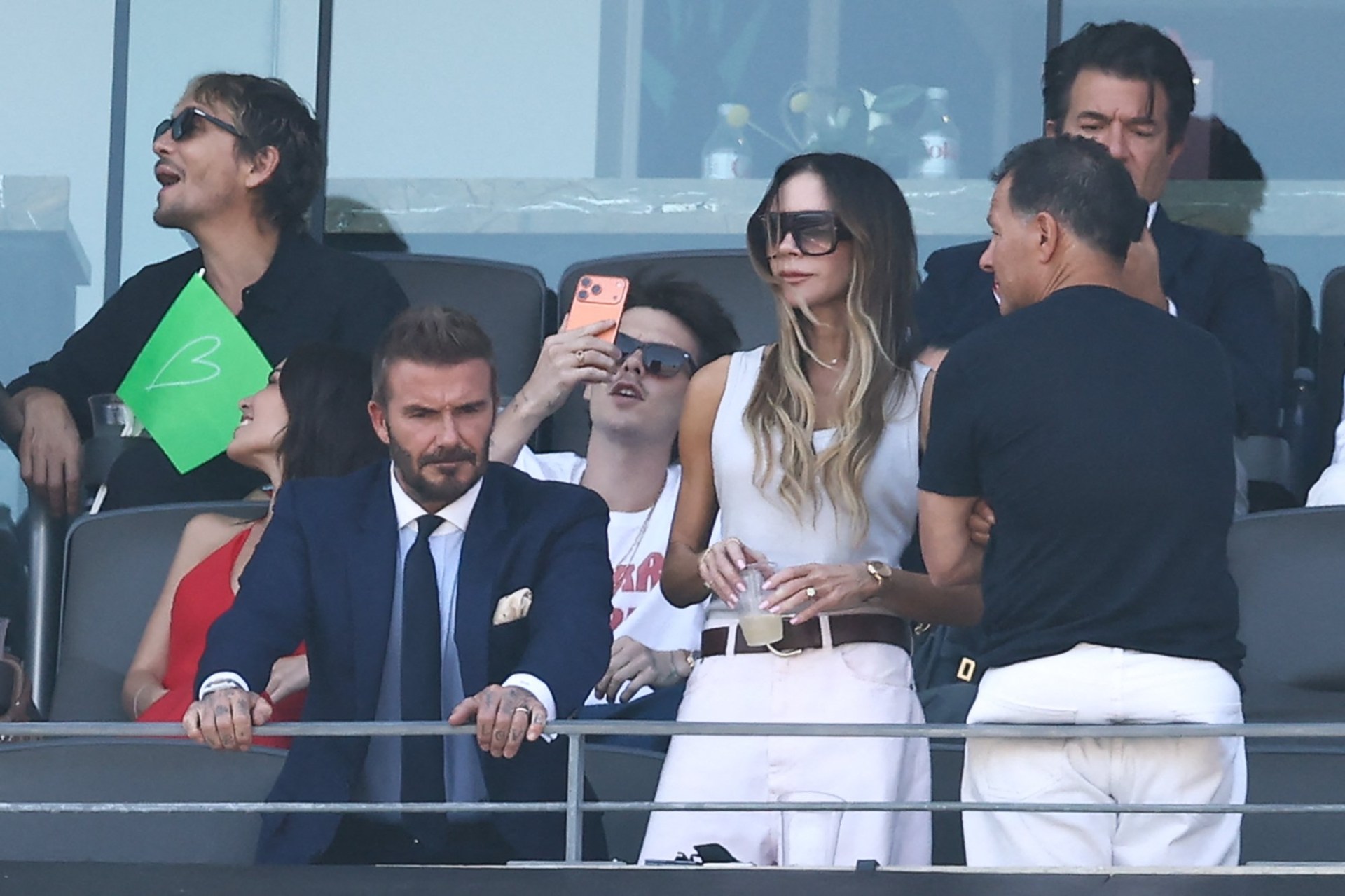 English former footballer David Beckham, singer and designer Victoria Beckahm and Cruz Beckham (C) attend the 2026 World Cup football tournament final match between Spain and Argentina at the New York/New Jersey Stadium in East Rutherford on July 19, 2026. (Photo by CHARLY TRIBALLEAU / AFP via Getty Images)