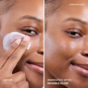 Two side-by-side close-up images of a woman's cheek before and after applying skincare product. The skin appears smoother and more radiant after application