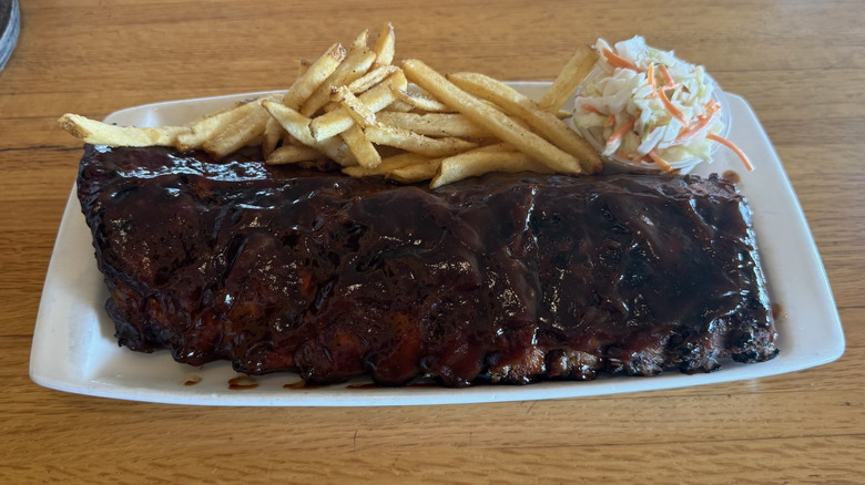 Applebee's double glazed baby back ribs platter with fries.