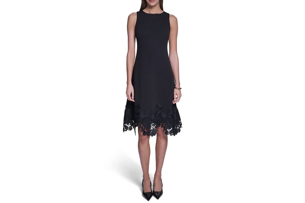 HALSTON Lace Trim A-Line Dress