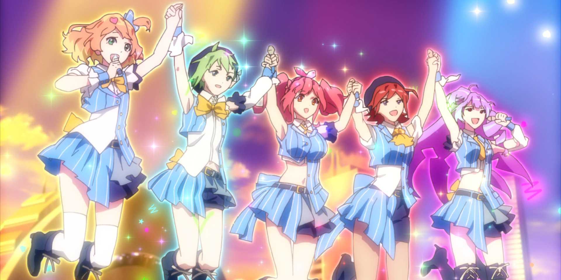 The pop idol group Walküre performing on stage in Macross Delta.